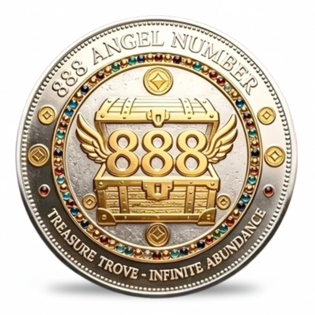 888 Angel Number collectible coin winged treasure chest gemstone border infinite abundance lucky charm available at One More Coin store
