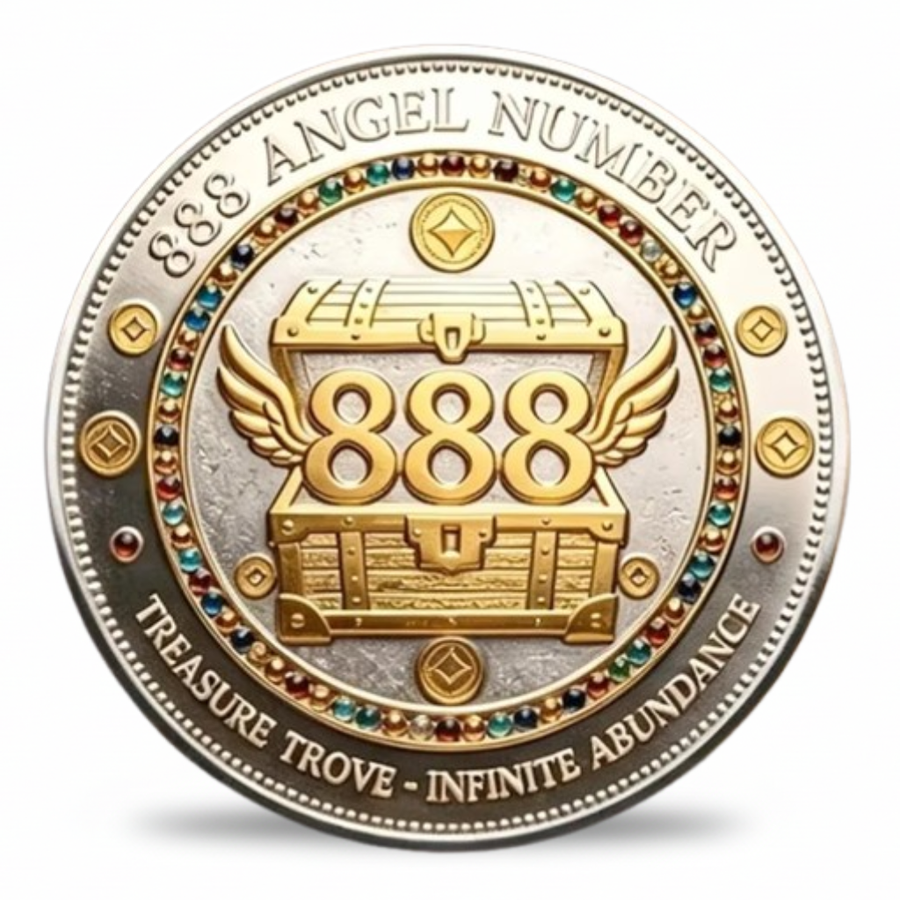 888 Angel Number collectible coin winged treasure chest gemstone border infinite abundance lucky charm available at One More Coin store
