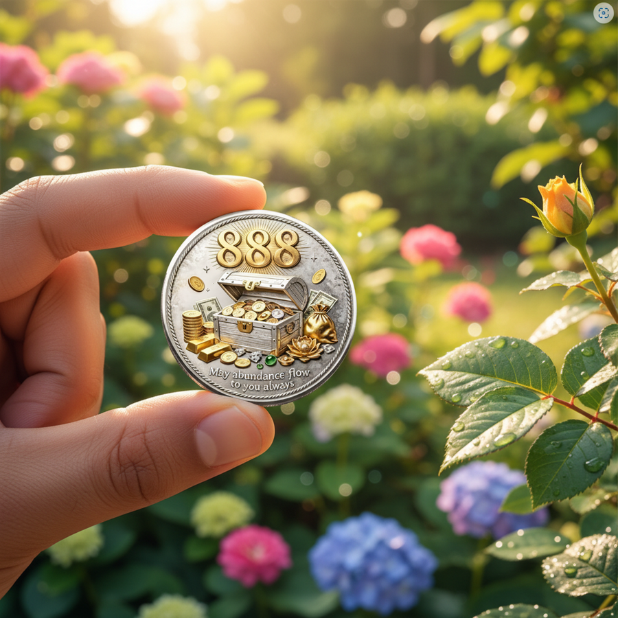 888 Angel Number abundance collectible coin held in hand showing treasure chest design with coin collection display in background
