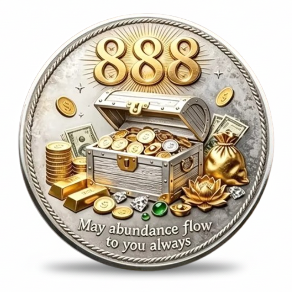 888 Angel Number collectible coin overflowing treasure chest gold bars lotus flower may abundance flow to you always

