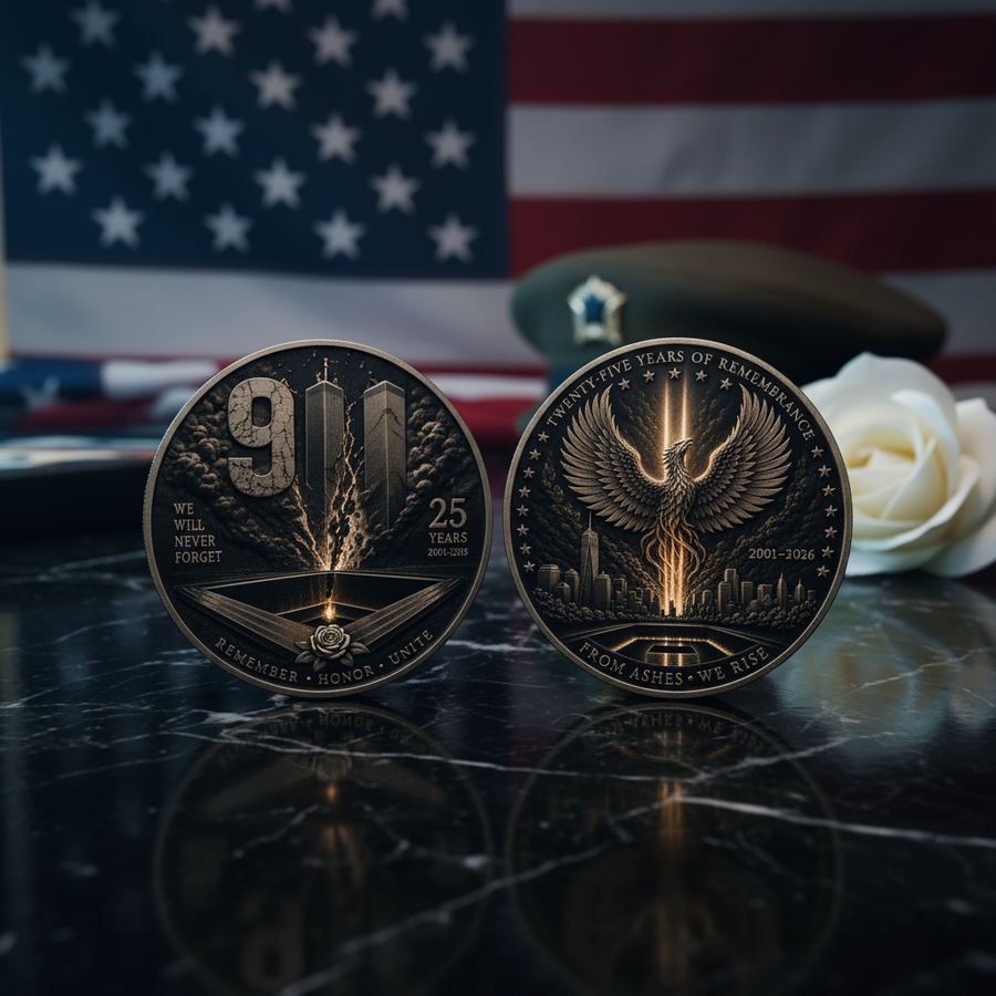 9/11 twenty-five years of remembrance collectible coin token phoenix rising above New York skyline from the ashes rise 2001-2026
