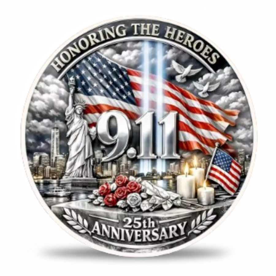 9/11 25th Anniversary commemorative collectible coin token honoring the heroes Statue of Liberty American flag memorial gift for collectors available at One More Coin store

