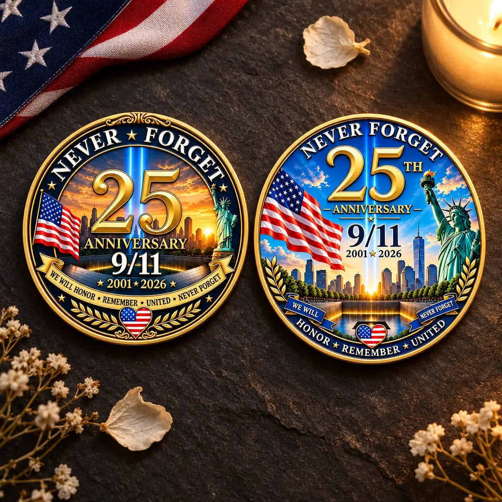 9/11 25th Anniversary Never Forget coin both variants overhead flat lay dark slate American flag ribbon white flower petals candlelight solemn memorial collectible
