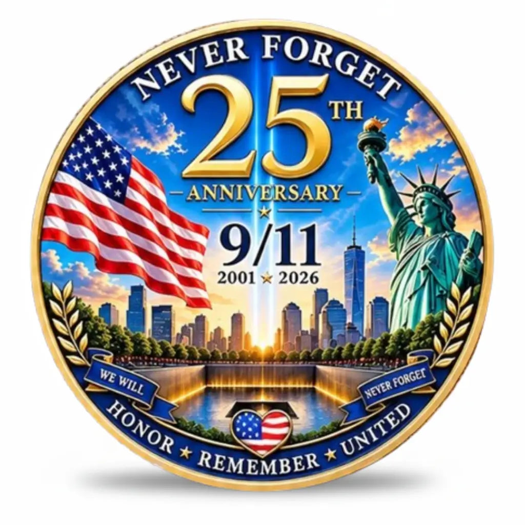 9/11 25th Anniversary Never Forget coin daytime variant cobalt blue enamel Tribute in Light One World Trade Center American flag Statue of Liberty Memorial pool honor remember united collectible token
