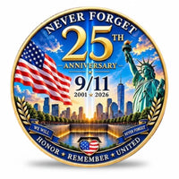 9/11 25th Anniversary Never Forget coin daytime variant cobalt blue enamel Tribute in Light One World Trade Center American flag Statue of Liberty Memorial pool honor remember united collectible token
