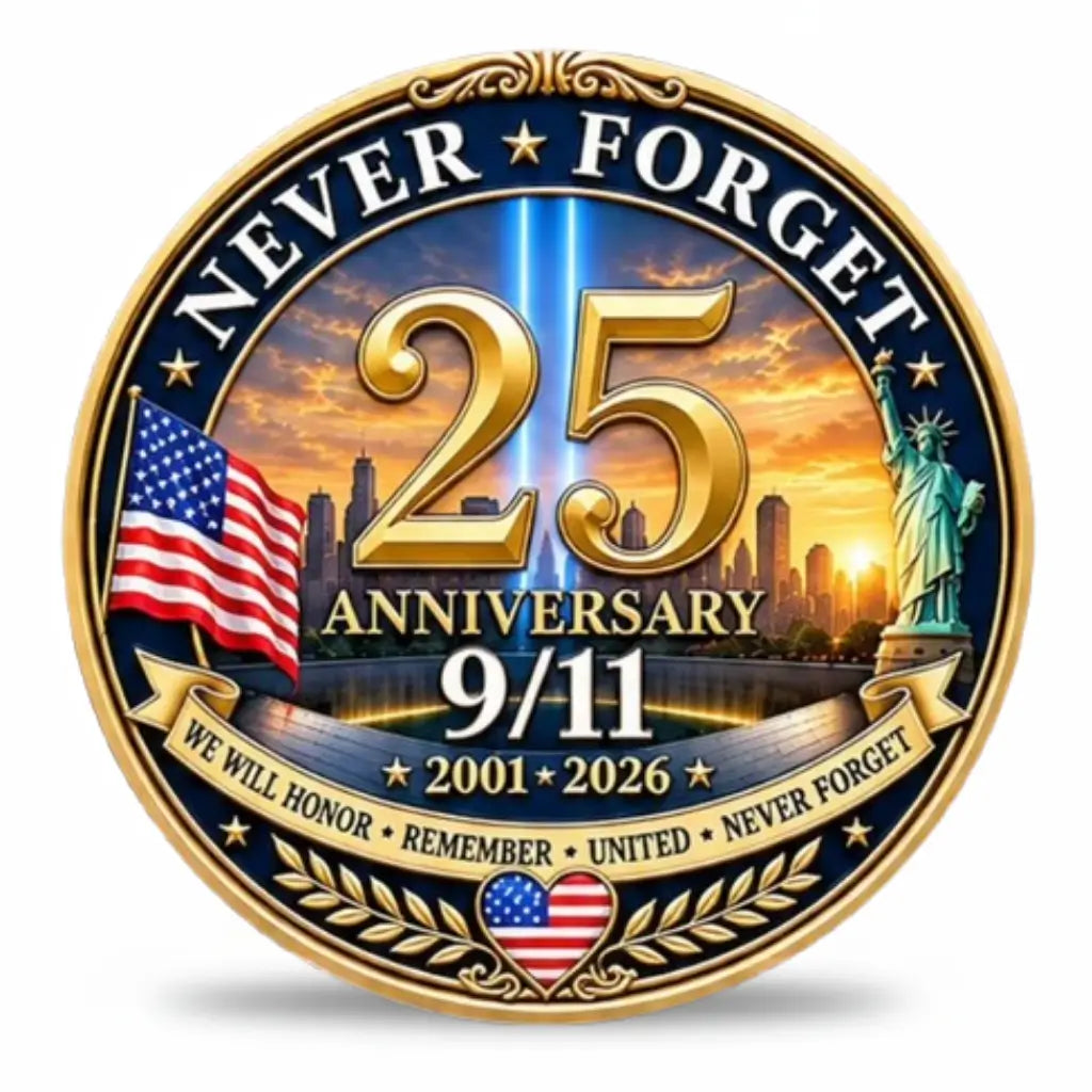 9/11 25th Anniversary Never Forget coin sunset variant navy enamel Tribute in Light beams NYC skyline American flag Statue of Liberty gold laurel branches memorial collectible available at One More Coin store