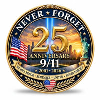 9/11 25th Anniversary Never Forget coin sunset variant navy enamel Tribute in Light beams NYC skyline American flag Statue of Liberty gold laurel branches memorial collectible available at One More Coin store