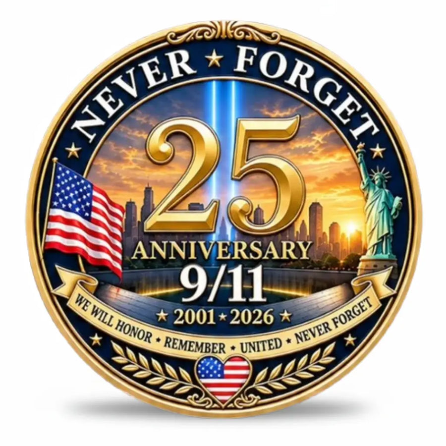 9/11 25th Anniversary Never Forget coin sunset variant navy enamel Tribute in Light beams NYC skyline American flag Statue of Liberty gold laurel branches memorial collectible available at One More Coin store