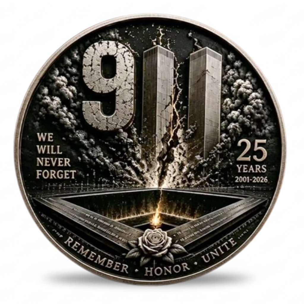 9/11 25th anniversary commemorative collectible coin featuring Twin Towers We Will Never Forget 2001-2026 remember honor unite available at One More Coin store
