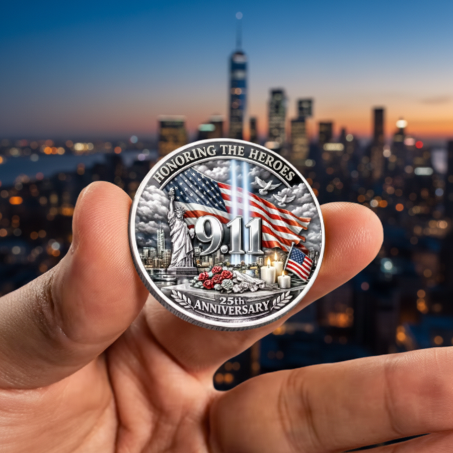 9/11 coin held against New York skyline