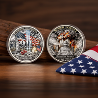 9/11 commemorative collectible coin token displayed on dark wood surface beside American flag memorial collector display
