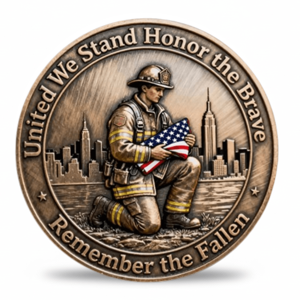 9/11 firefighter memorial collectible coin token kneeling firefighter holding American flag NYC skyline available at One More Coin store
