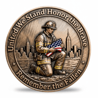 9/11 firefighter memorial collectible coin token kneeling firefighter holding American flag NYC skyline available at One More Coin store
