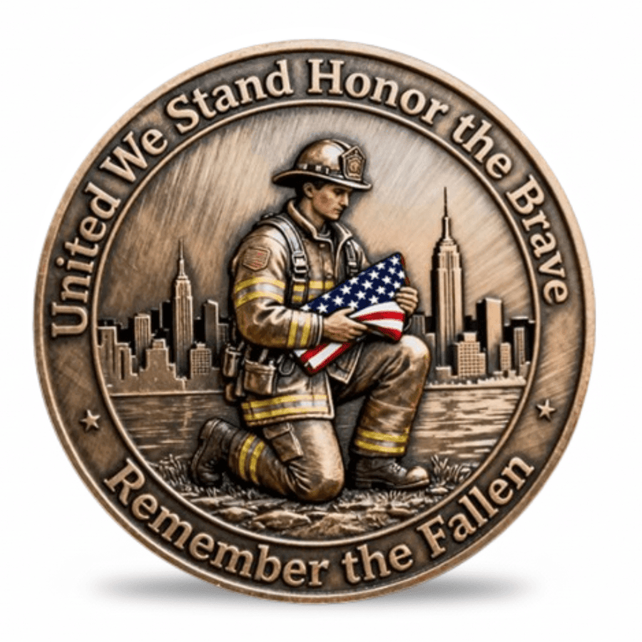 9/11 firefighter memorial collectible coin token kneeling firefighter holding American flag NYC skyline available at One More Coin store
