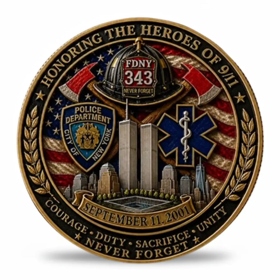 9/11 memorial coin front face FDNY 343 firefighter helmet NYPD shield Star of Life Twin Towers September 11 2001 Never Forget antique bronze enamel collectible available at One More Coin store