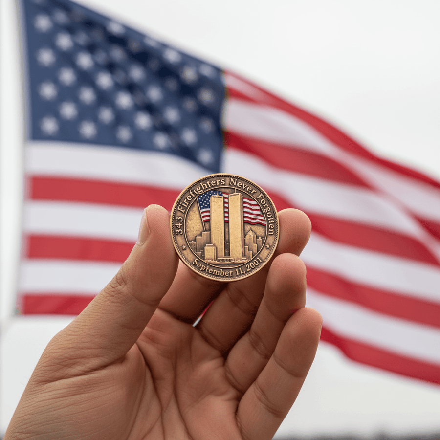 A bronze commemorative challenge coin held up by a hand, featuring the 9/11 memorial and an American flag, with a blurred American flag in the background.
