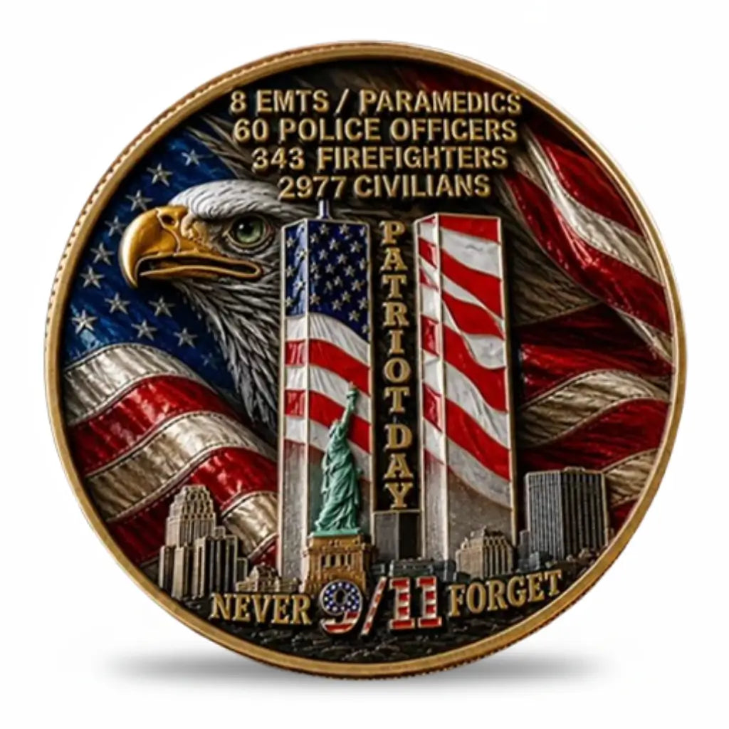 9/11 Patriot Day memorial coin reverse bald eagle Twin Towers American flag Statue of Liberty 343 firefighters 2977 civilians Never Forget antique bronze collectible token
