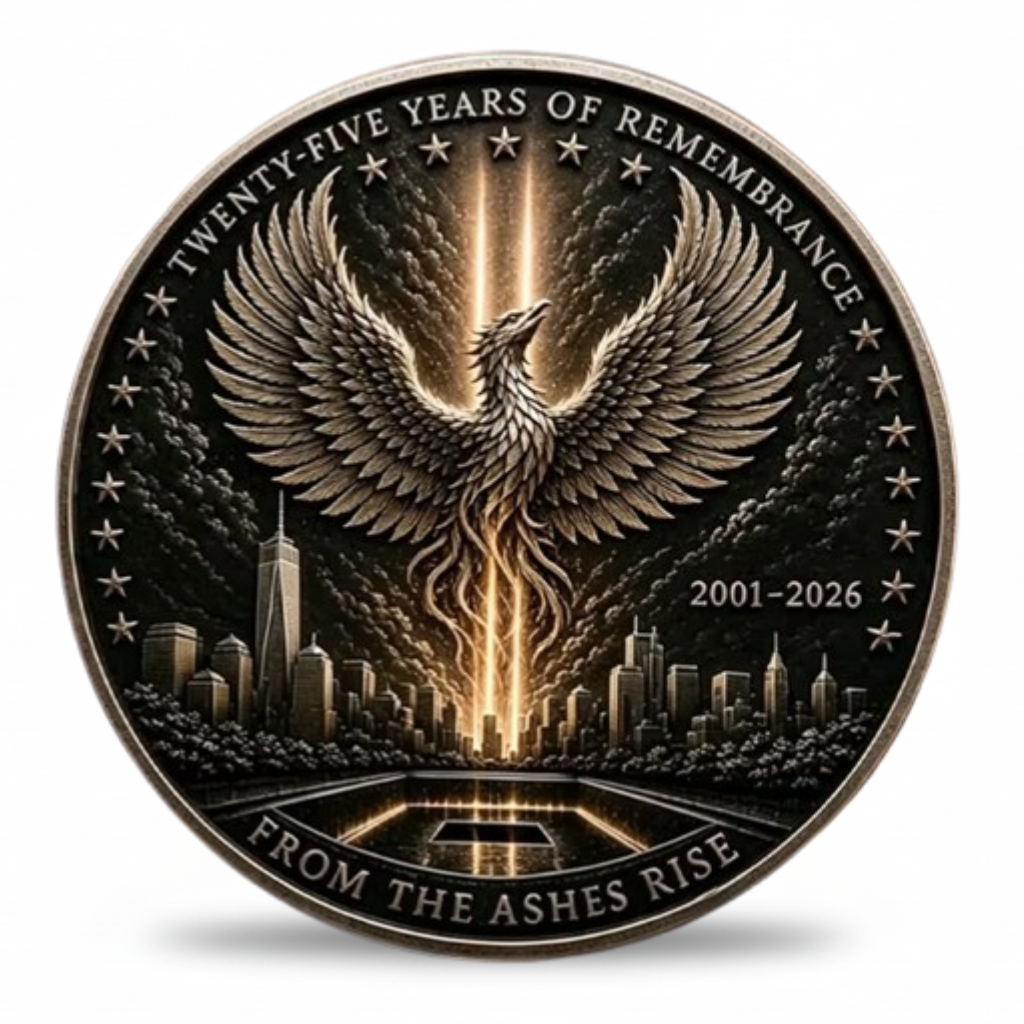 9/11 twenty-five years of remembrance collectible coin token phoenix rising above New York skyline from the ashes rise 2001-2026
