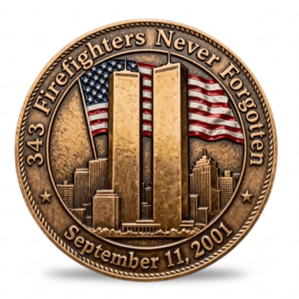 9/11 Twin Towers 343 firefighters never forgotten September 11 2001 commemorative collectible coin token reverse side
