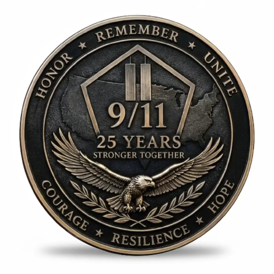 Dark 9/11 memorial coin reverse featuring a shield with twin vertical bars above “9/11”, “25 YEARS” and “STRONGER TOGETHER”, with a spread-winged eagle and leafy branches below. The rim reads “HONOR · REMEMBER · UNITE” and “COURAGE · RESILIENCE · HOPE,” collectible token
