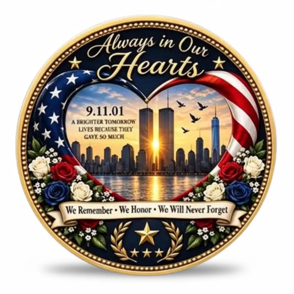 Gold-tone 9/11 memorial coin showing the Twin Towers and New York skyline inside a heart formed from an American flag, with golden light reflected on the water, flying birds and red, white and blue roses. The design reads “Always in Our Hearts” and “We Remember · We Honor · We Will Never Forget,” available at One More Coin store