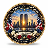 9/11 memorial coin reverse showing the Twin Towers against a golden sky, framed by American flags, red, white and blue roses, leafy branches and stars. Inscriptions include “Forever Remembered”, “September 11, 2001”, “In Loving Memory” and “Courage · Honor · Unity,” collectible token