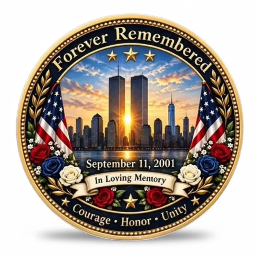 9/11 memorial coin reverse showing the Twin Towers against a golden sky, framed by American flags, red, white and blue roses, leafy branches and stars. Inscriptions include “Forever Remembered”, “September 11, 2001”, “In Loving Memory” and “Courage · Honor · Unity,” collectible token