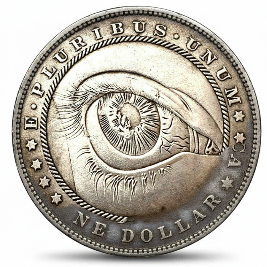 All-seeing eye hobo coin with detailed iris and dramatic shading 1881 carved silver mystical art available at One More Coin store
