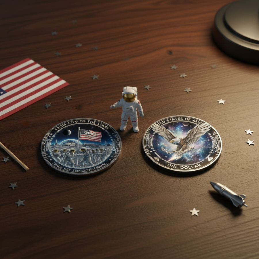 America 250 semiquincentennial collectible coin both sides displayed on dark wooden desk with astronaut figurine and American flag
