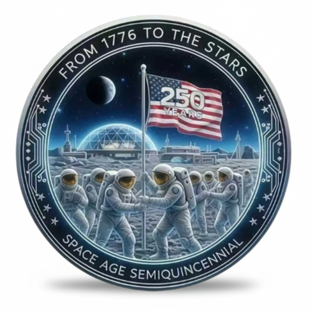 America 250 semiquincentennial collectible coin astronauts planting flag on the moon from 1776 to the stars space age available at One More Coin store
