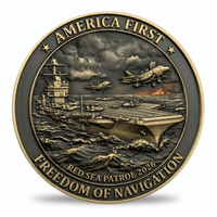 A circular commemorative coin with a gold-toned rim and raised relief details, featuring an aircraft carrier at sea with aircraft in the sky and the text 'AMERICA FIRST' and 'FREEDOM OF NAVIGATION' around the edge, plus 'RED SEA PATROL 2026' near the bottom. Available at one more coin store