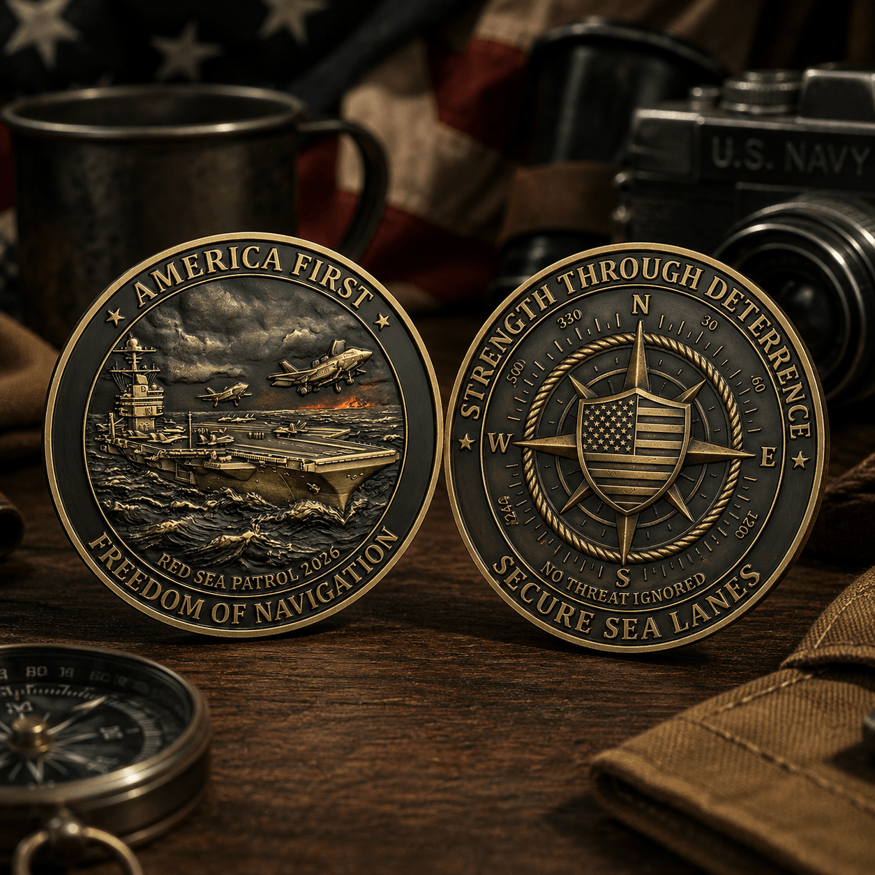 Two commemorative coins displayed on a wooden surface, one showing the front with an aircraft carrier and fighter planes, and the other showing the reverse with a compass and American flag motif. The coins are styled with vintage military props including a mug, camera, and compass.