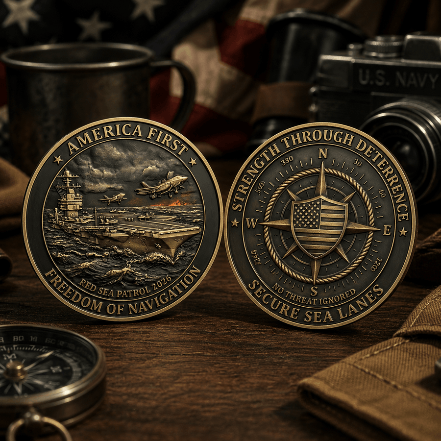 Two commemorative coins displayed on a wooden surface, one showing the front with an aircraft carrier and fighter planes, and the other showing the reverse with a compass and American flag motif. The coins are styled with vintage military props including a mug, camera, and compass.