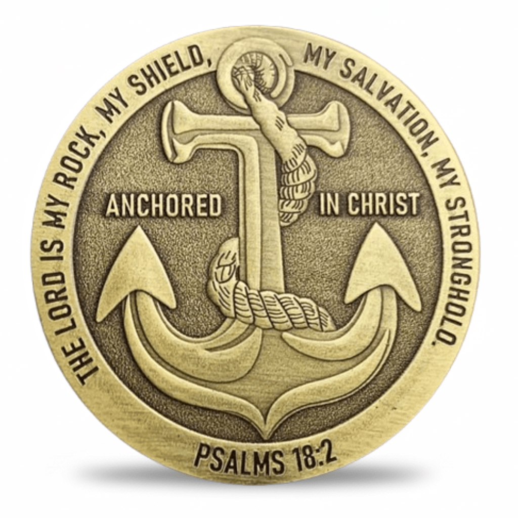 A round metallic anchor challenge coin with engraved text reading 'THE LORD IS MY ROCK, MY SHIELD, MY SALVATION, MY STRONGHOLO' and 'PSALMS 18:2'. The center shows an anchor with rope and a small circular emblem at the top, photographed on a light gray background with a soft shadow underneath. Available at one more coin store