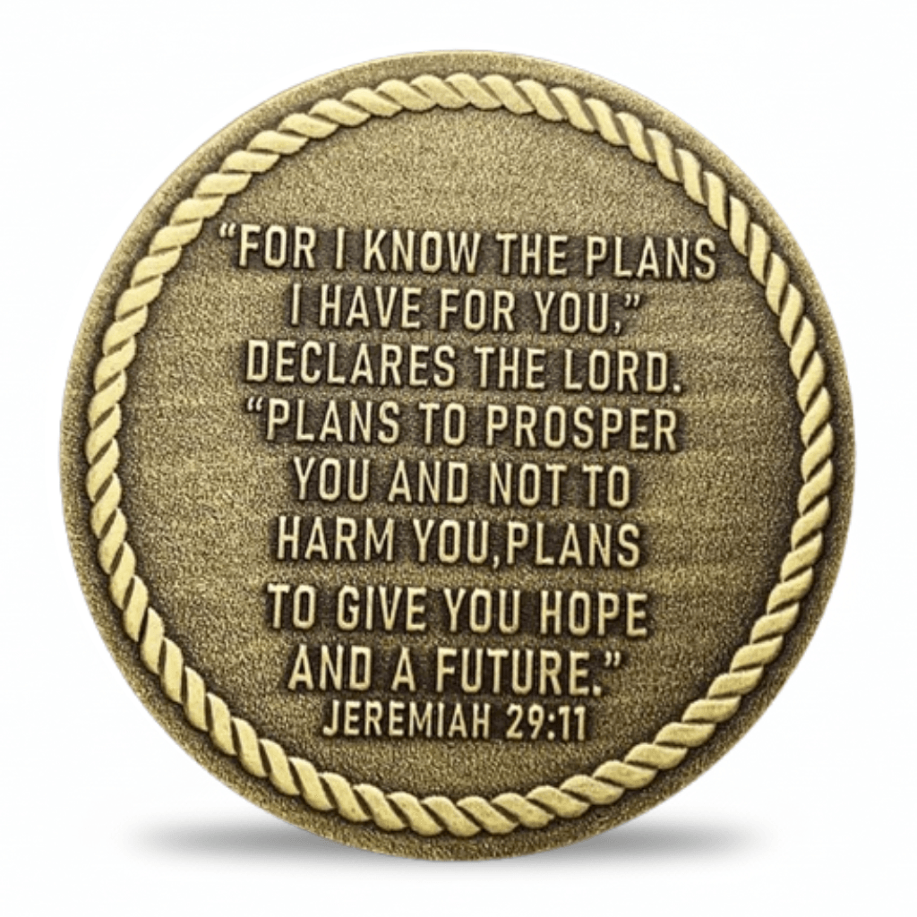 A round bronze-toned coin with a rope border and raised text from Jeremiah 29:11, shown on a clean white background with a soft shadow underneath.