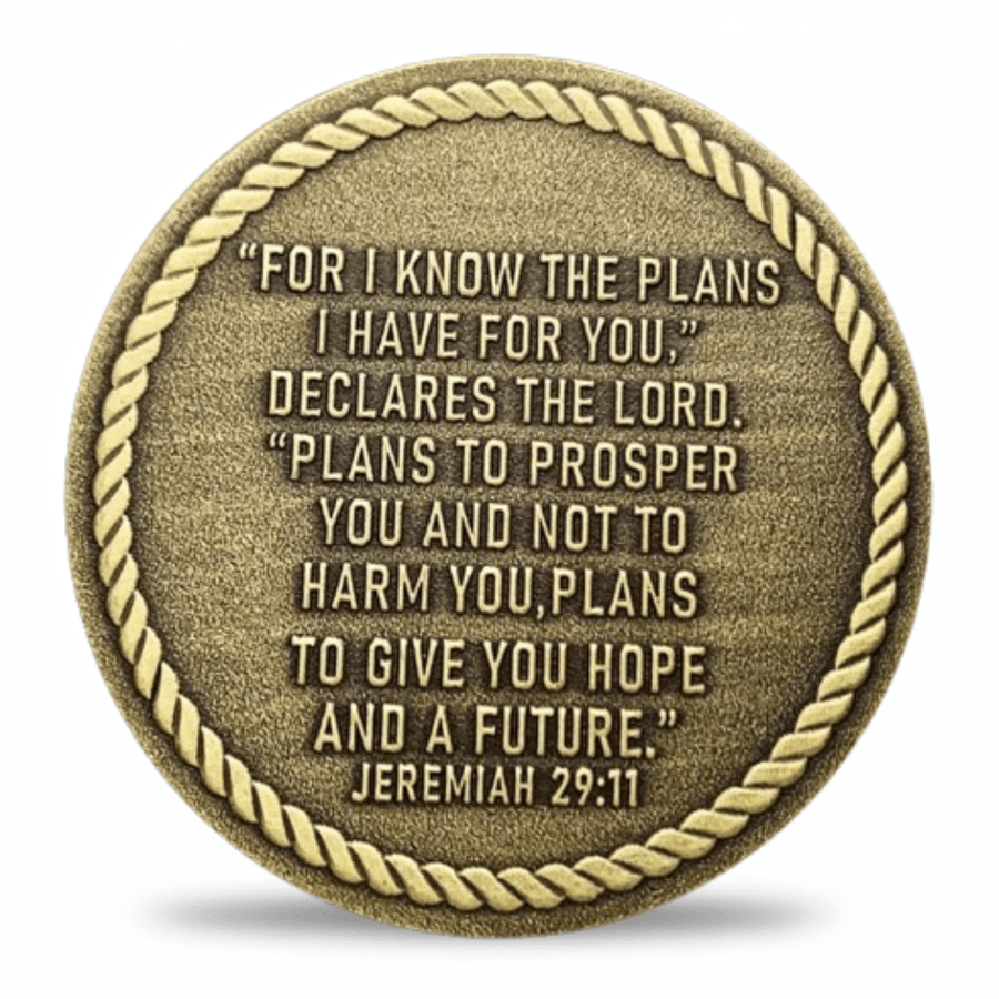A round bronze-toned coin with a rope border and raised text from Jeremiah 29:11, shown on a clean white background with a soft shadow underneath.