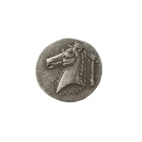 Ancient Alexander the Great coin reverse showing detailed horse head with ΑΛΕΞΑΝΔΡΟΥ inscription - antique silver finish 40g