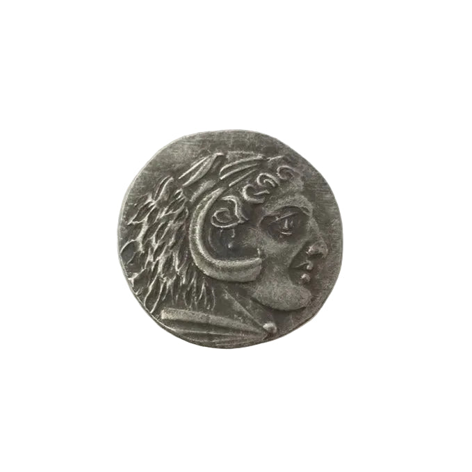 Ancient Alexander the Great coin showing Hercules wearing Nemean lion skin headdress with lion's head and mane - antique silver finish 40g