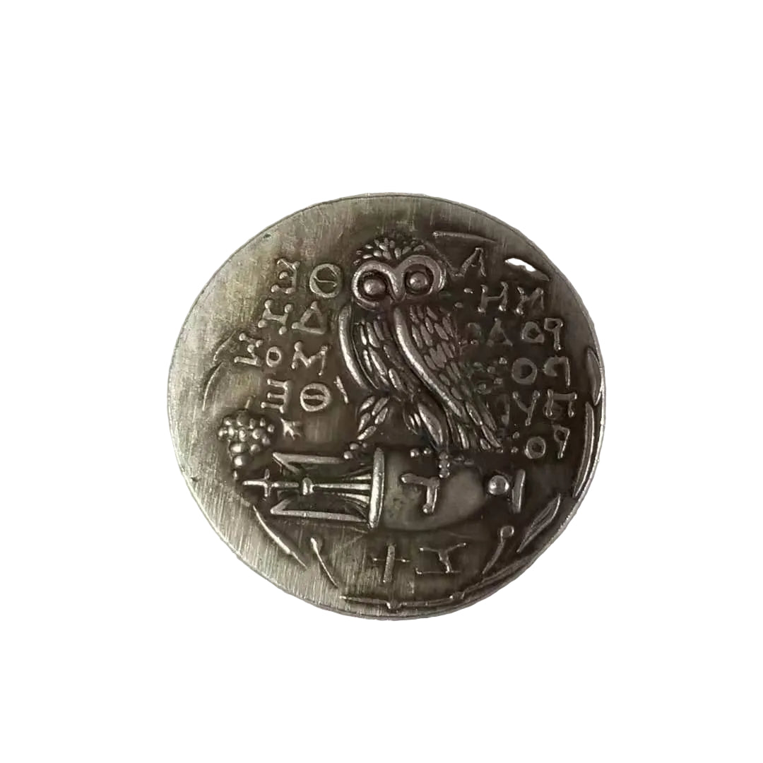 Ancient Athens coin reverse showing iconic owl with ΑΘΕ inscription - antique silver finish 27g
