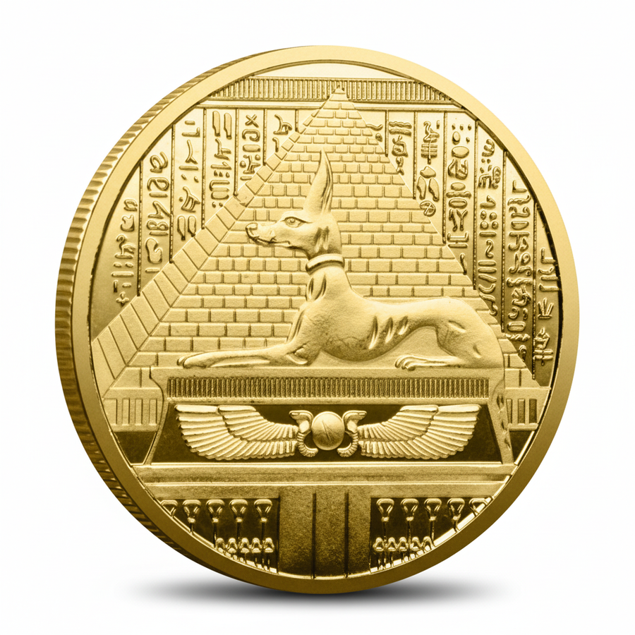 Gold-plated coin featuring Great Sphinx of Giza with hieroglyphic inscriptions, pyramid brick background, winged sun disk Horus symbol, 40mm collectible
