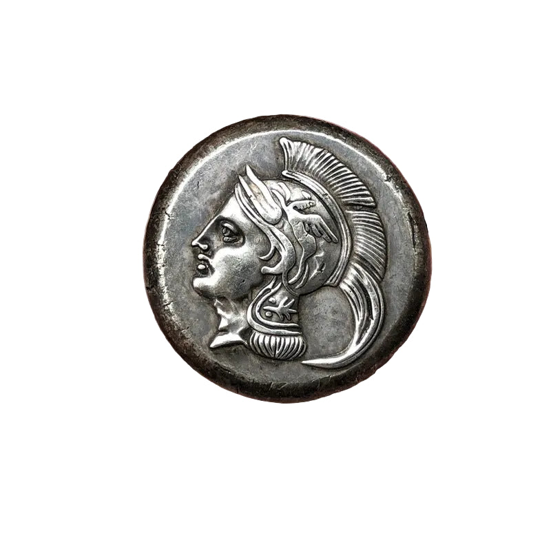 Ancient Greek Artemis coin showing goddess profile with elaborate plumed helmet and decorative details - antique silver finish 40g