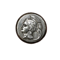 Ancient Greek Artemis coin showing goddess profile with elaborate plumed helmet and decorative details - antique silver finish 40g