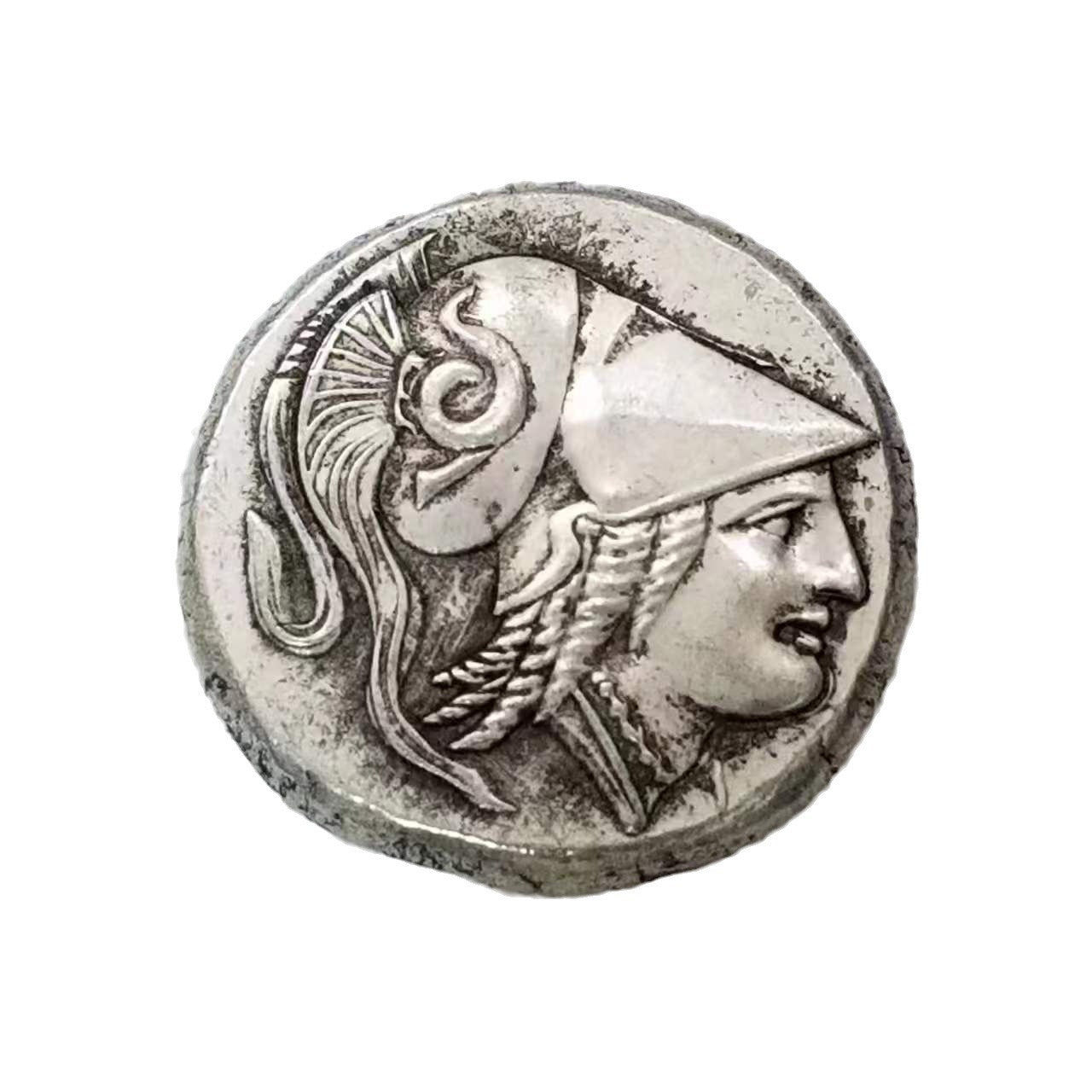Ancient Greek Athena coin showing goddess with ornate helmet and decorative plume - antique silver finish 22g