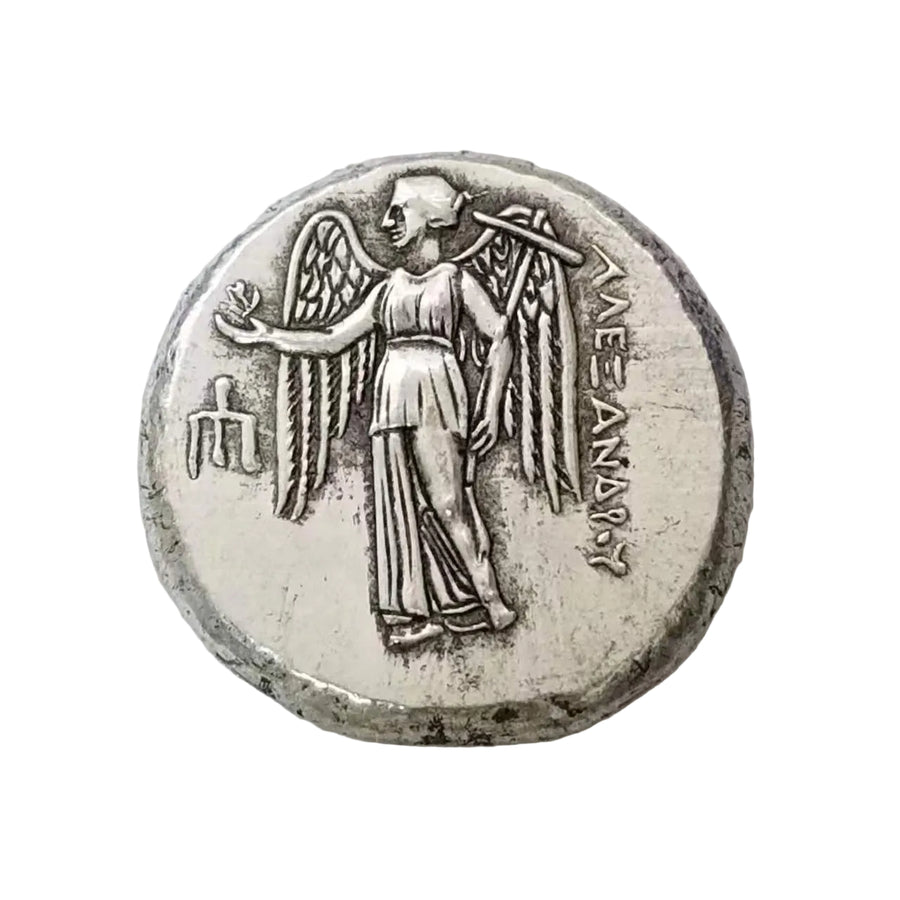 Ancient Greek Nike coin reverse showing winged goddess of victory with wreath and ΜΕΓΑΛΟΠΟΛΙΤΩΝ inscription - antique silver finish 22g