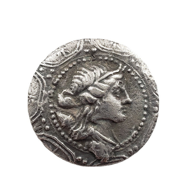 Ancient Greek coin showing bearded male profile with elaborate curly hair and decorative border - antique silver finish 15g