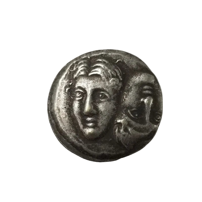 Ancient Greek Istria coin showing two-faced Janus-style head with one face up and one face down - antique silver finish 40g