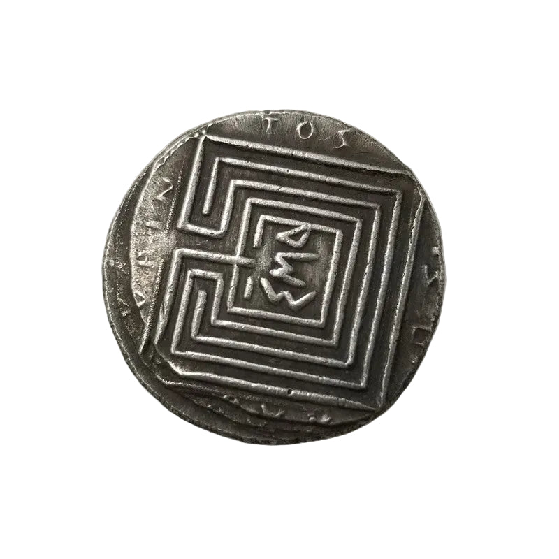 Ancient Greek Knossos coin reverse showing intricate labyrinth maze pattern with ΚΝΩΣΙΩΝ inscription - antique silver finish 13g