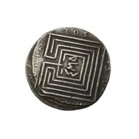 Ancient Greek Knossos coin reverse showing intricate labyrinth maze pattern with ΚΝΩΣΙΩΝ inscription - antique silver finish 13g