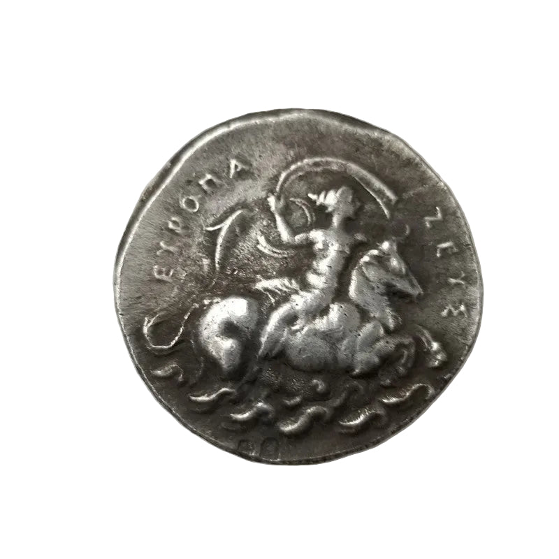 Ancient Greek Knossos Minotaur coin showing half-man half-bull creature with ΚΝΩΣΙΩΝ inscription - antique silver finish 13g