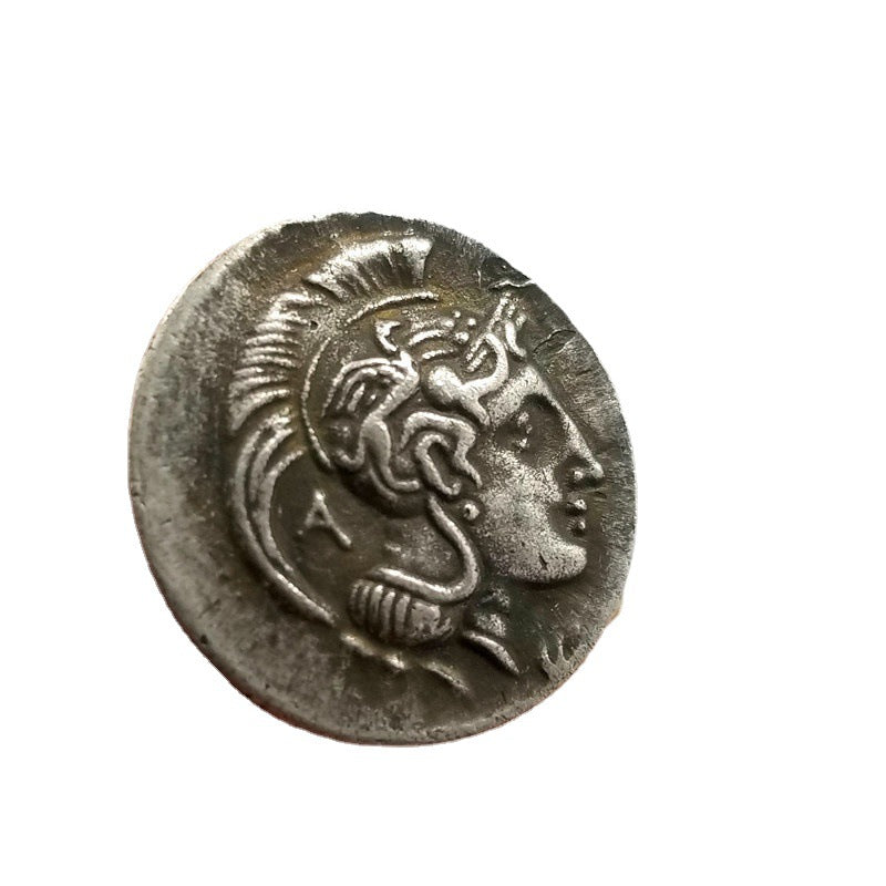 Ancient Greek Leontinoi coin showing deity or hero profile with elaborate flowing hair - antique silver finish 23g